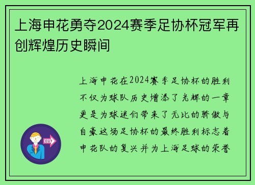 上海申花勇夺2024赛季足协杯冠军再创辉煌历史瞬间 上海申花勇夺2024赛季足协杯冠军再创辉煌历史瞬间